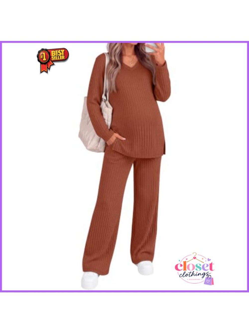 Women's Maternity V Neck Ribbed Pajama Pant Set